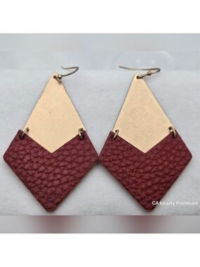 ✨2/$10✨ Handmade Burgundy & Metallic Faux Leather Diamond Drop Earrings Chic